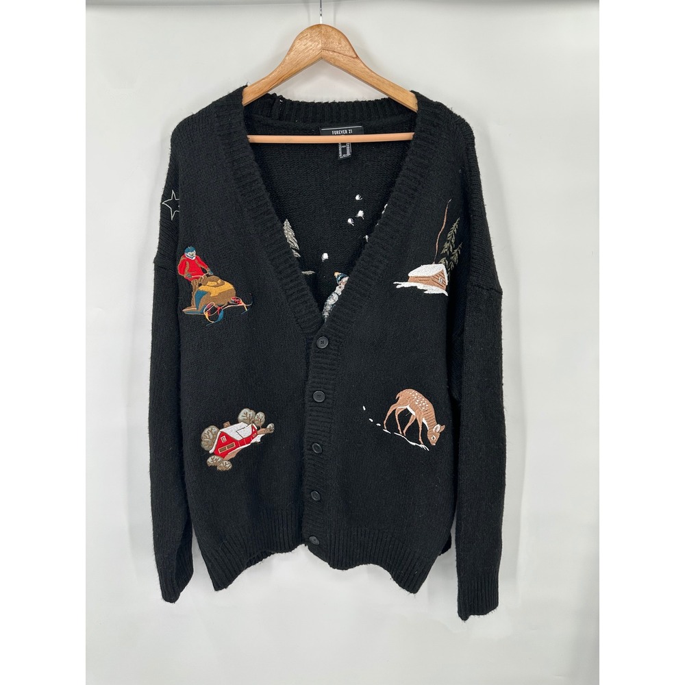 Forever 21 Embroidered Cardigan Sweater Mens Size XXL Snowboard Deer Cabin Comfy